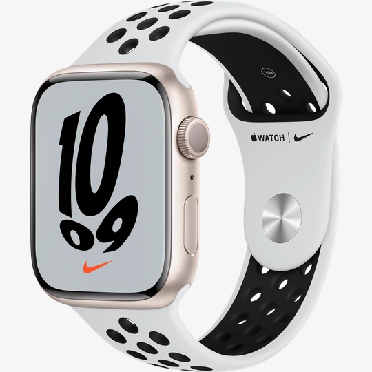 Apple Watch Nike Series 7 GPS, 45mm, Starlight, Pure Platinum/Black Nike  Sport Band purchase: price MKNA3GK/A, installments - iSpace